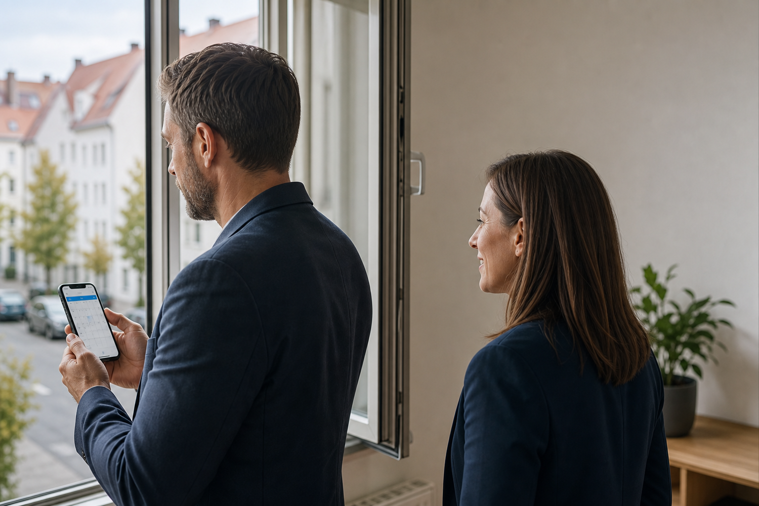 Ein Paar steht am offenen Fenster seiner Wohnung und schaut nach draußen, während eine Person eine Kalendererinnerung auf dem Smartphone öffnet.