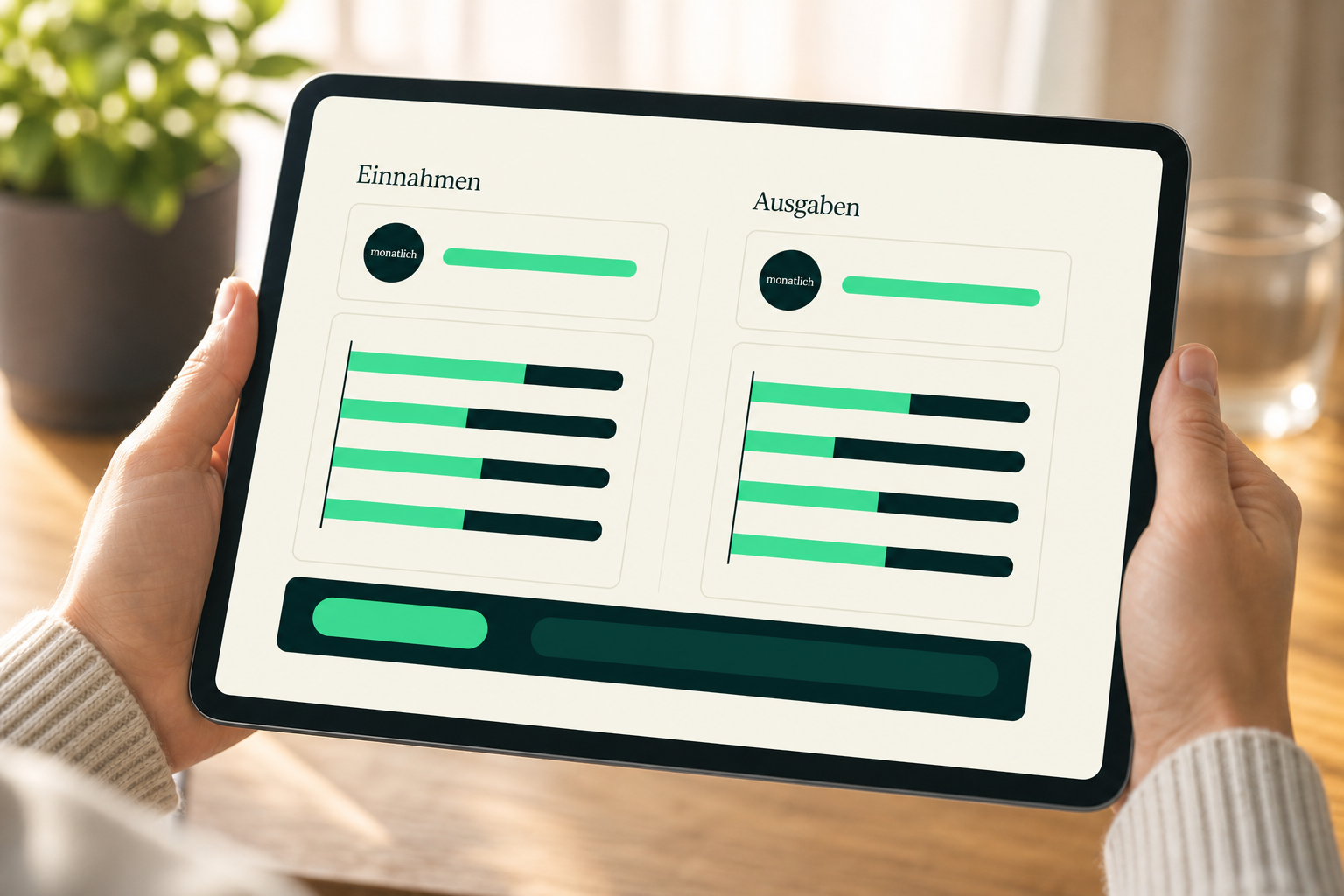 Hände halten ein Tablet mit einem Haushaltsrechner-Dashboard, das Einnahmen und Ausgaben in den Navera-Farben gegenüberstellt.