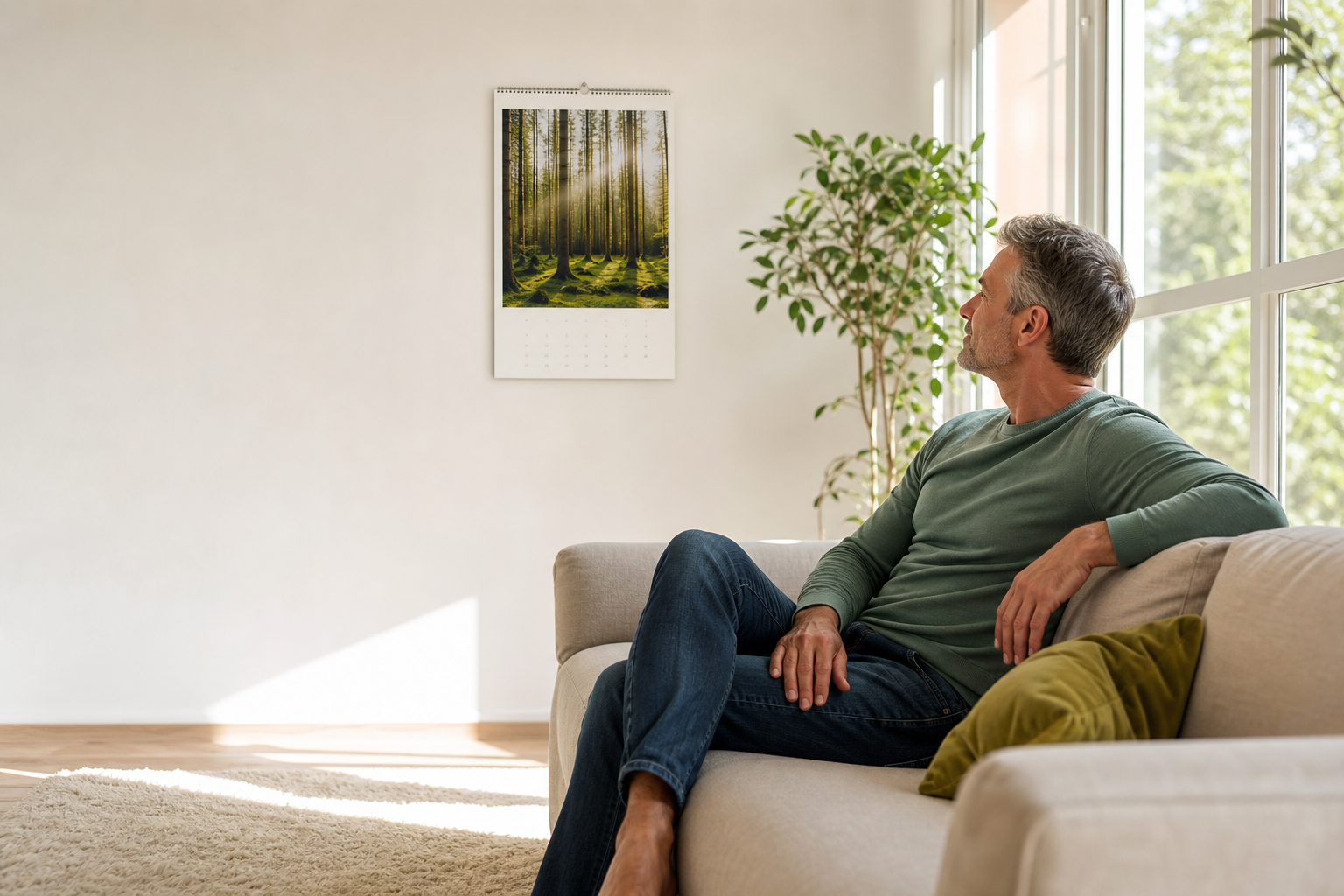 Mann um die 50 sitzt auf dem Sofa und blickt auf einen Wandkalender, während er den Zeitpunkt seiner Darlehenskündigung plant.