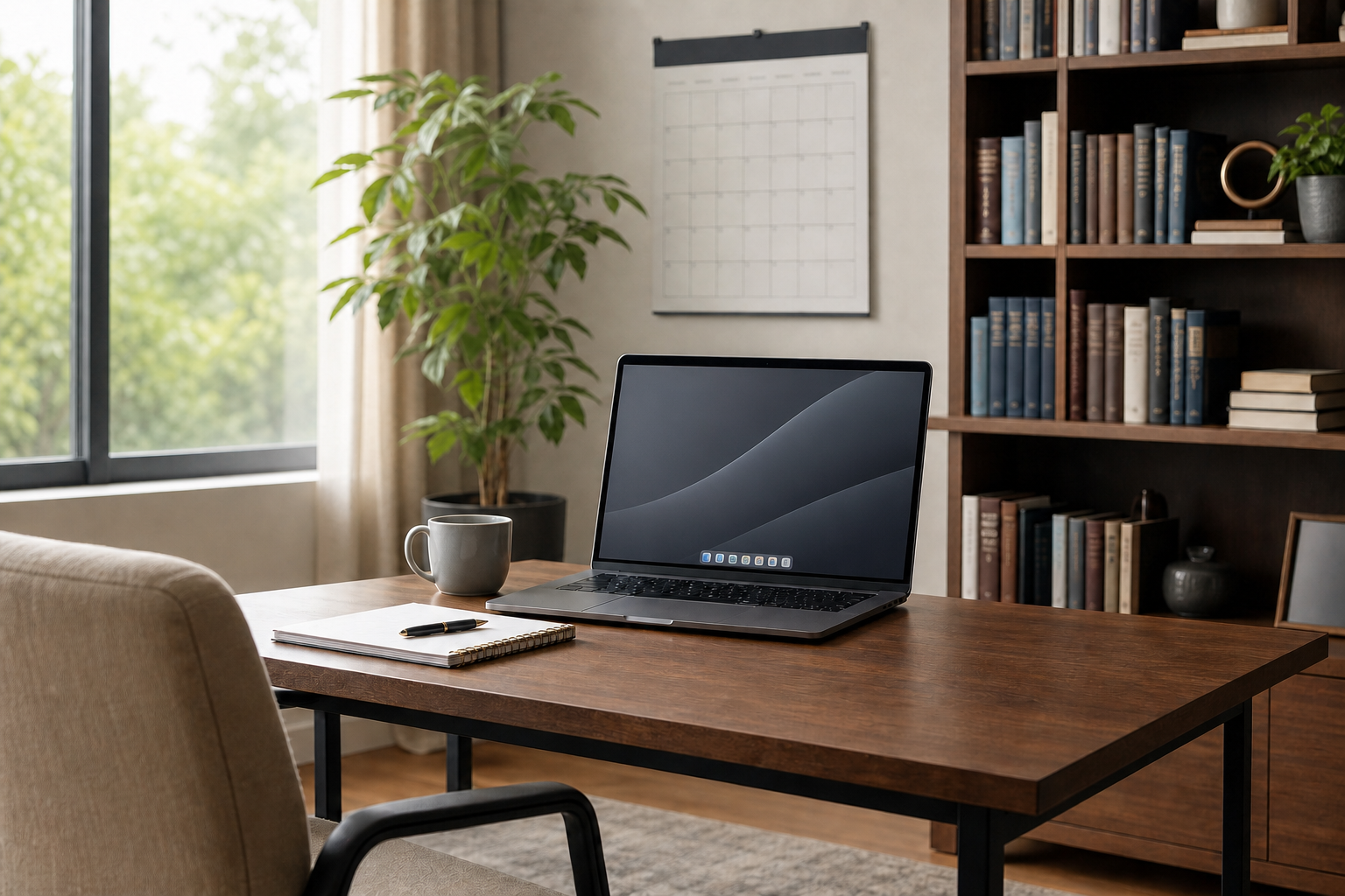 Homeoffice Tisch mit einem Laptop, Notizblock und Stift auf dem Tisch um sich im bevorstehenden Online-Meeting notwendige Notizen zu machen