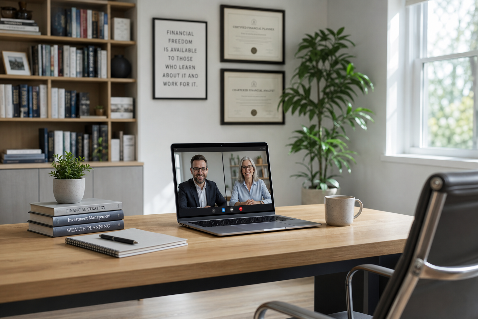 Homeoffice Tisch mit Laptop, welches eine Online-Besprechung zeigt zum Thema Vorfälligkeitsentschädigung