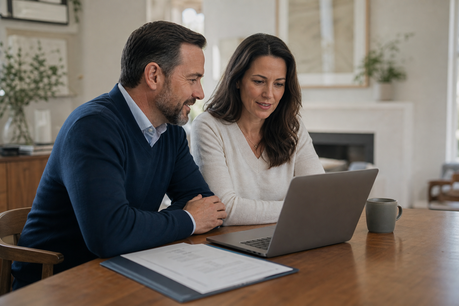 in Paar sieht am Esstisch gemeinsam auf einen Laptop und Finanzierungsunterlagen.