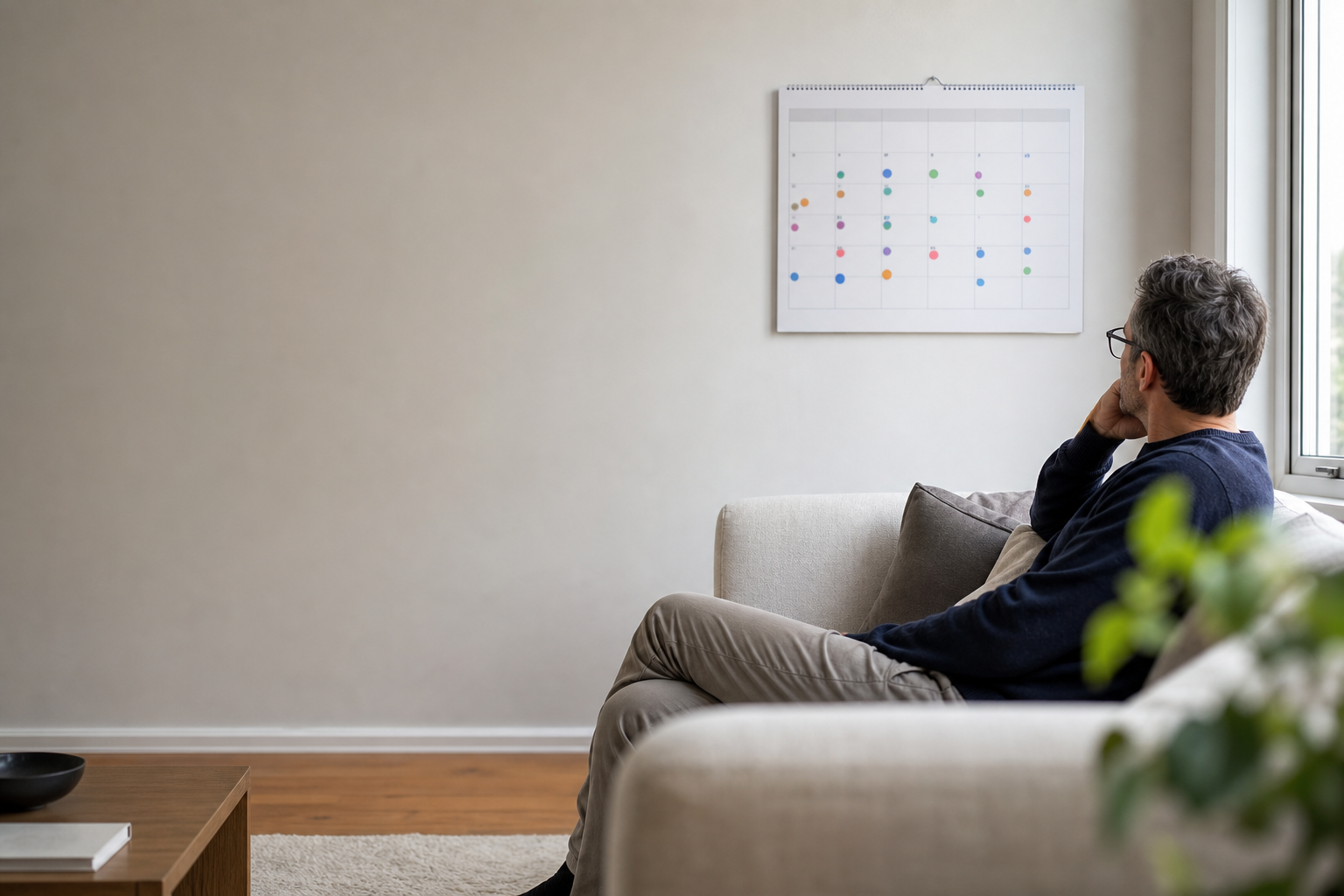 erson sitzt auf einem Sofa im Wohnzimmer und schaut auf einen Wandkalender mit farbig markierten Terminen.